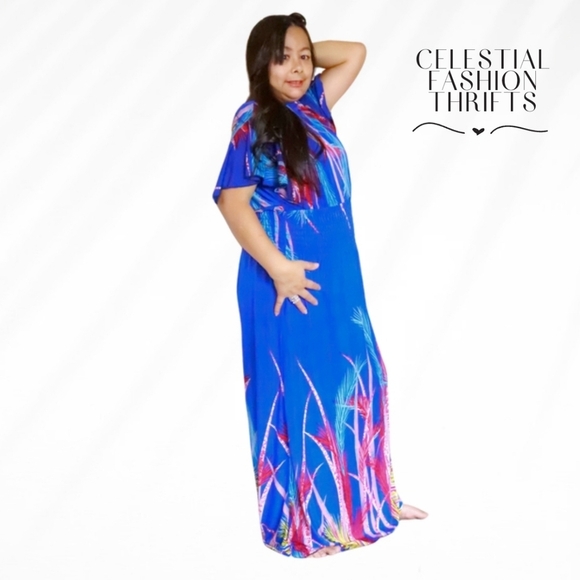 LONG BLUE FLORAL MAXI DRESS GOWN SIZE LARGE - Picture 3 of 3